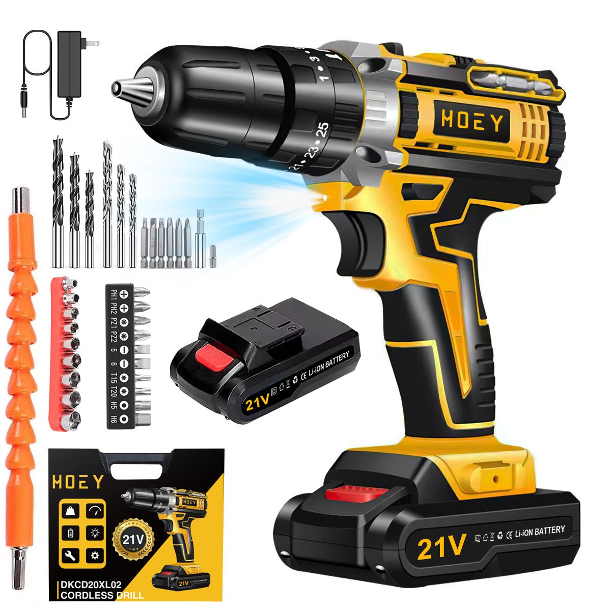 21V Cordless Drill Set, Power Drill 59Pcs with 3/8 Inch Keyless Chuck