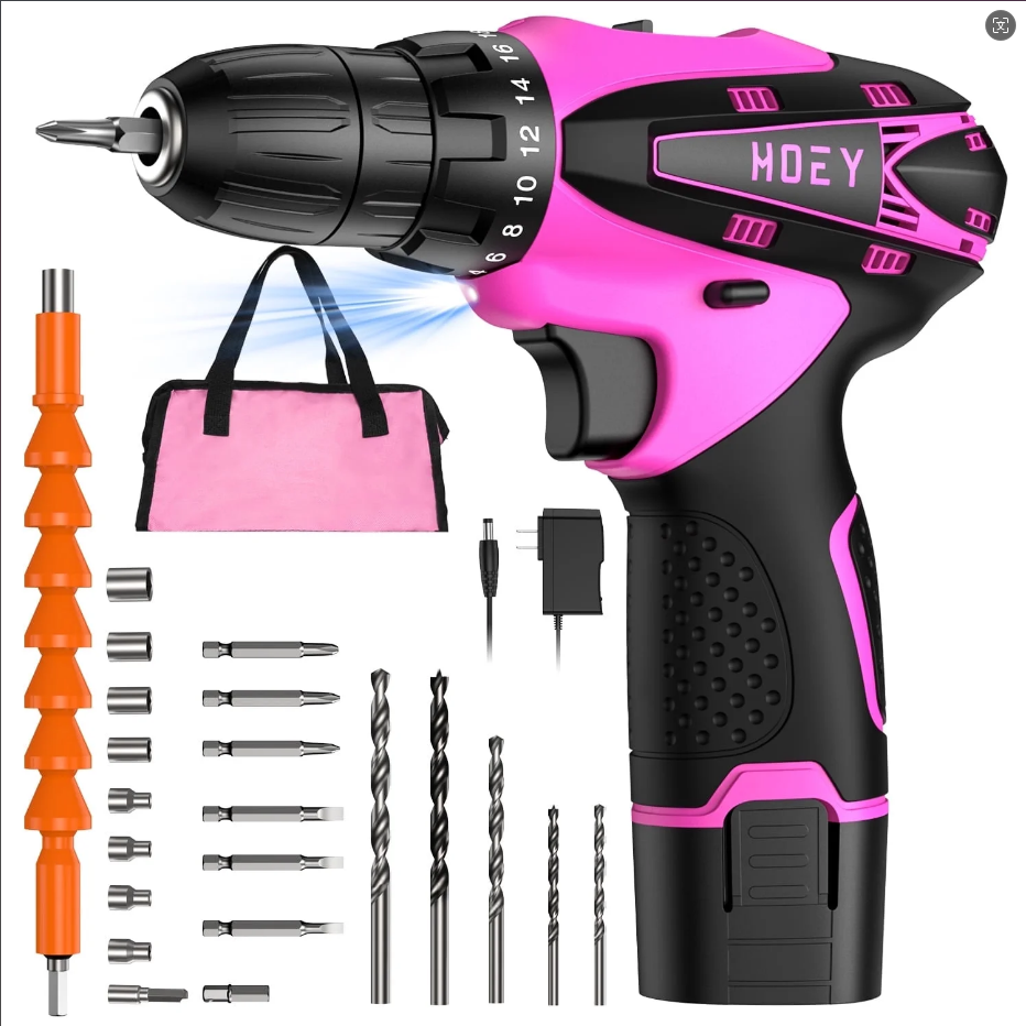 Pink Cordless Drill Set, 12V Power Drill Set Electric Screwdriver Driver Tool Kit for Women