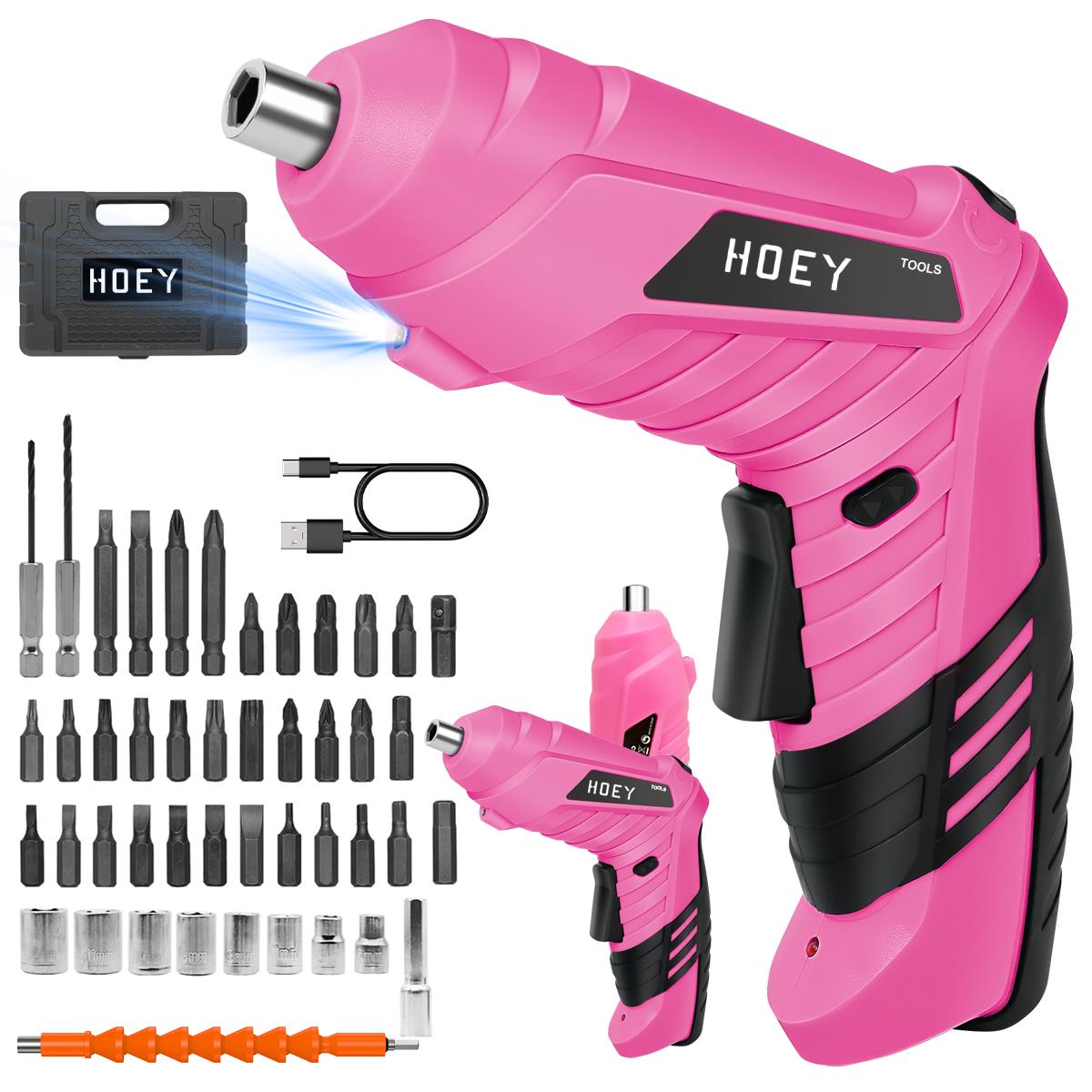 Pink,47 in 1 Electric Screwdriver,Dual Position Handle with USB Cable LED Light